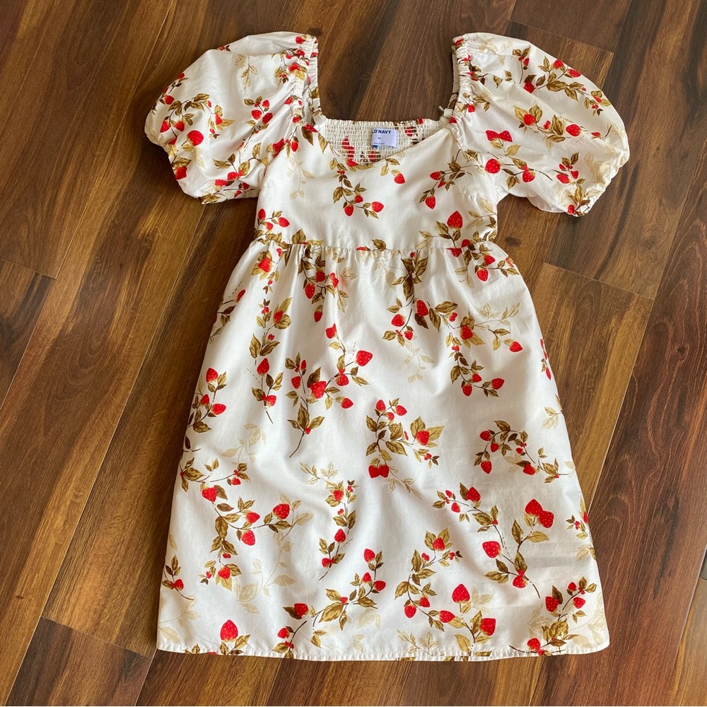 Old Navy Strawberry Puff Sleeve V-Neck Lined Mini Dress Elastic Back Women’s XS